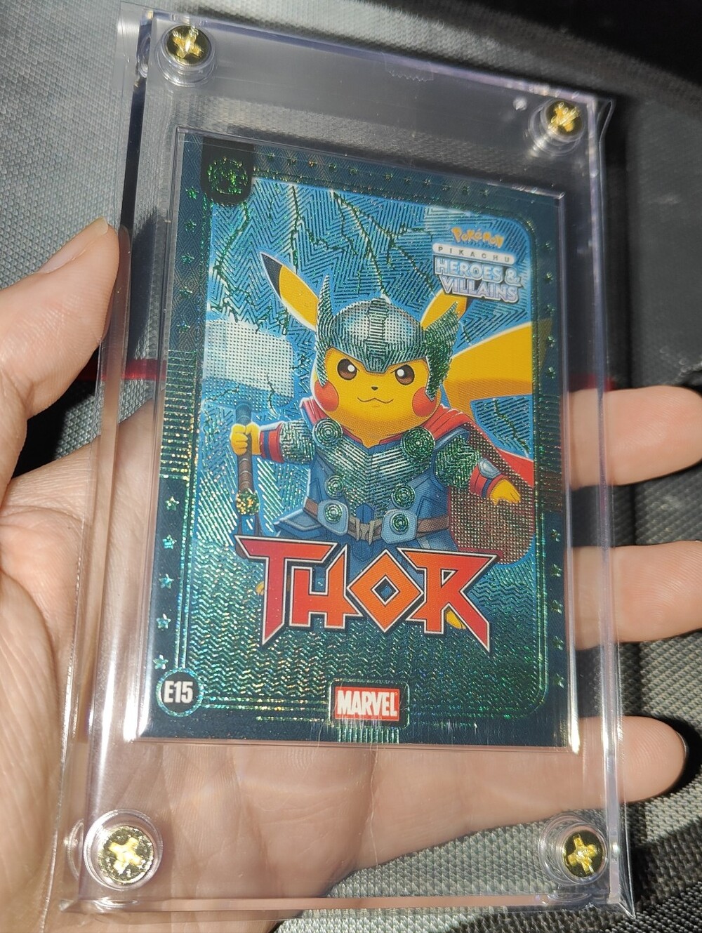 Thor Marvel Green holo encased Pikachu Cosplay card Unofficial Pokemon Peru